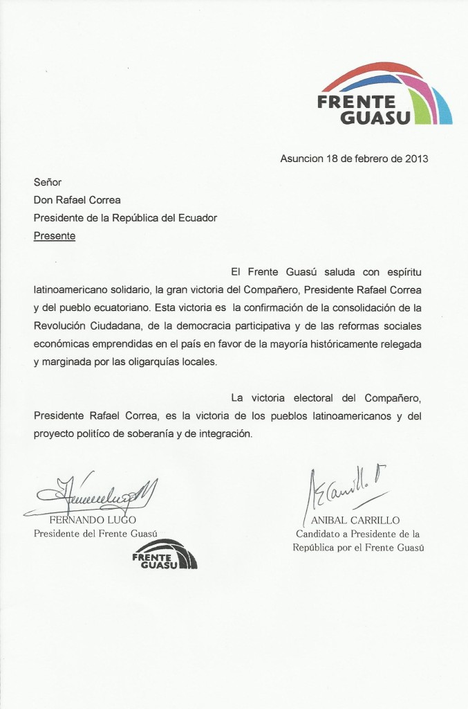 Carta felicitacion Rafael Correa